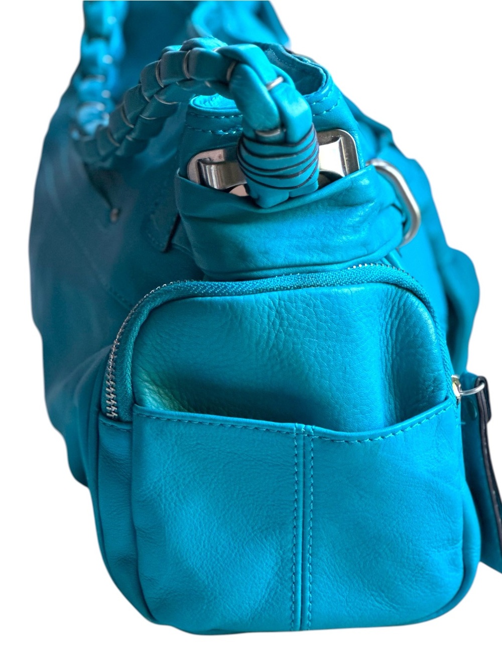 B. Makowsky Aqua Blue Braided Strap Soft Leather Satchel Shoulder Bag - Picture 6 of 10